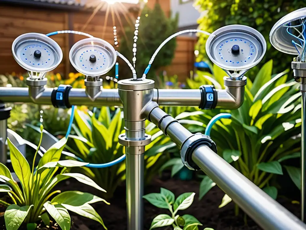 Un sistema de riego inteligente en un jardín urbano, destacando la integración de tecnología y prácticas sostenibles