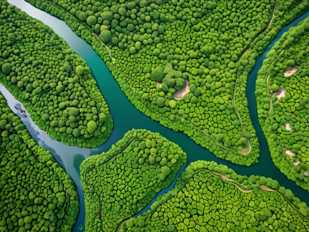 Sistemas de protección territorial ambiental: Paisaje verde exuberante con río serpenteante y comunidades indígenas en armonía con la naturaleza