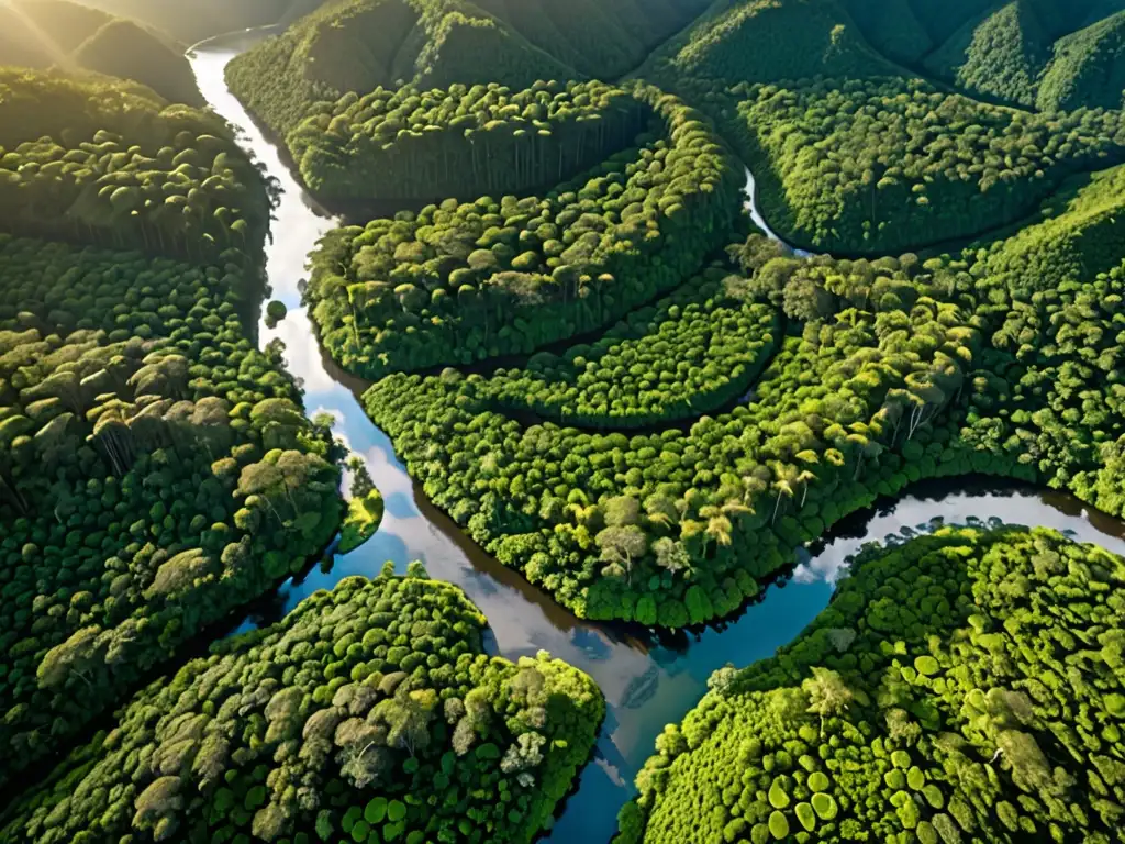 Sistemas de protección territorial ambiental: vista aérea de exuberante selva con ríos serpenteantes y comunidades indígenas entre árboles