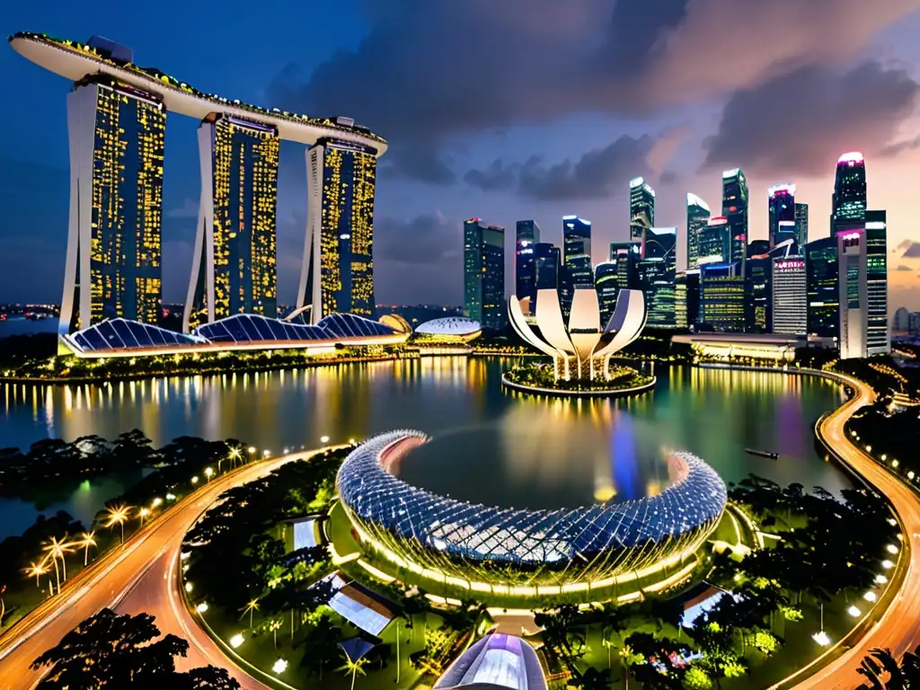 El skyline urbano de Singapur al anochecer, con luces iluminando arquitectura futurista y espacios verdes