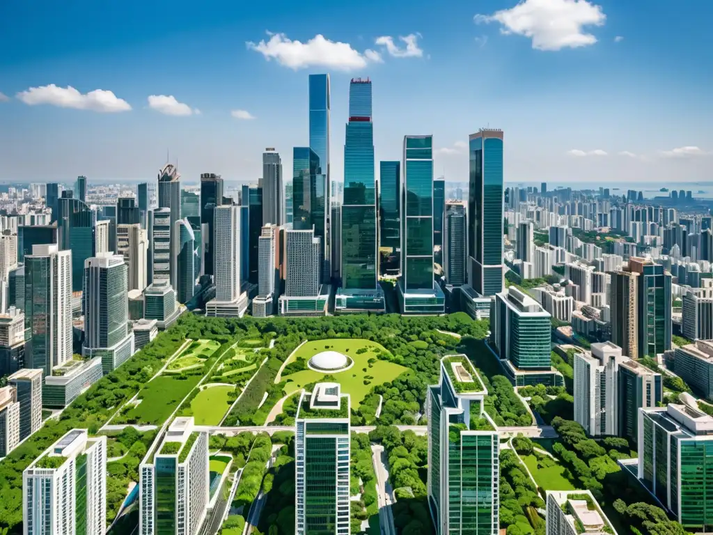 Skyline urbano con rascacielos y naturaleza exuberante