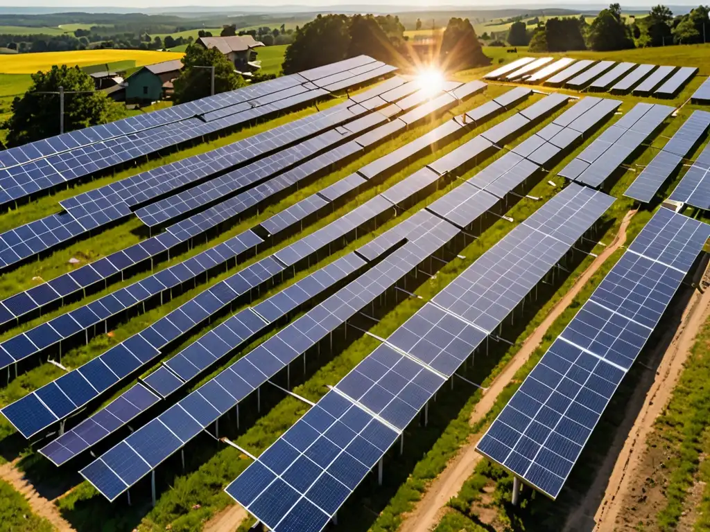 Instalación solar en comunidad rural, con paneles detallados y habitantes beneficiados