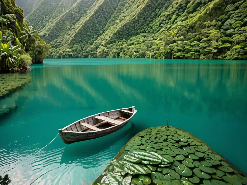 Sustentabilidad del agua en Oceanía: Imagen serena de un lago turquesa rodeado de montañas verdes, con un bote indígena en calma