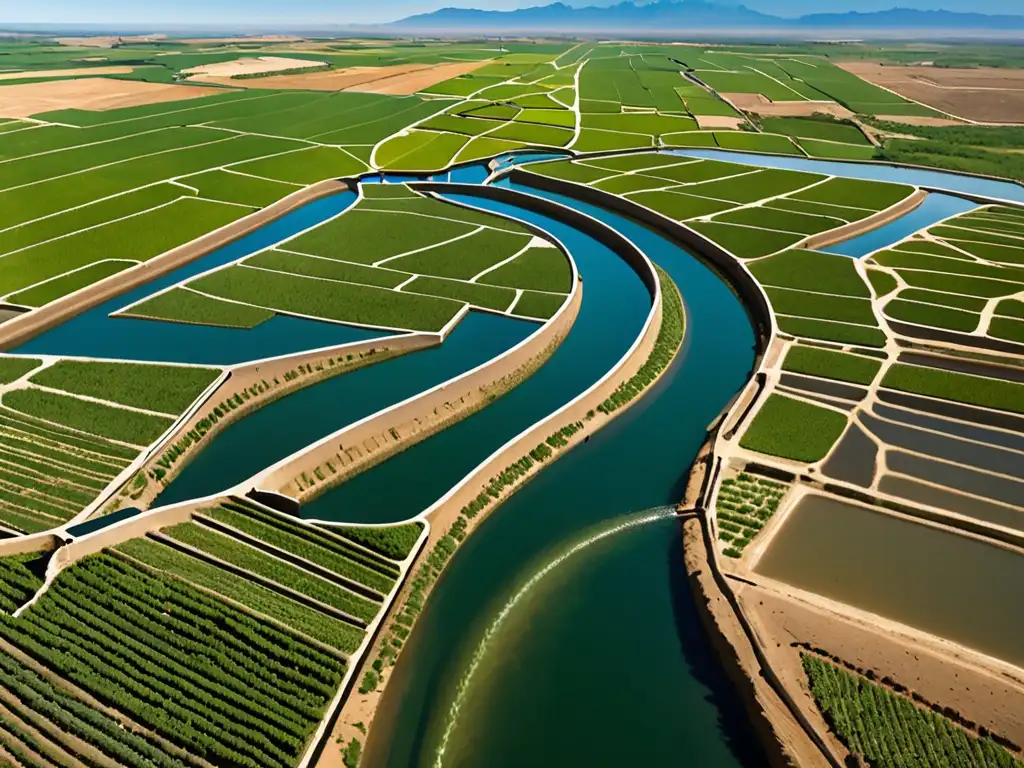 Sustentabilidad del agua en Oceanía: Vista aérea de los canales de riego y campos verdes, resaltando la armonía entre humanos y naturaleza