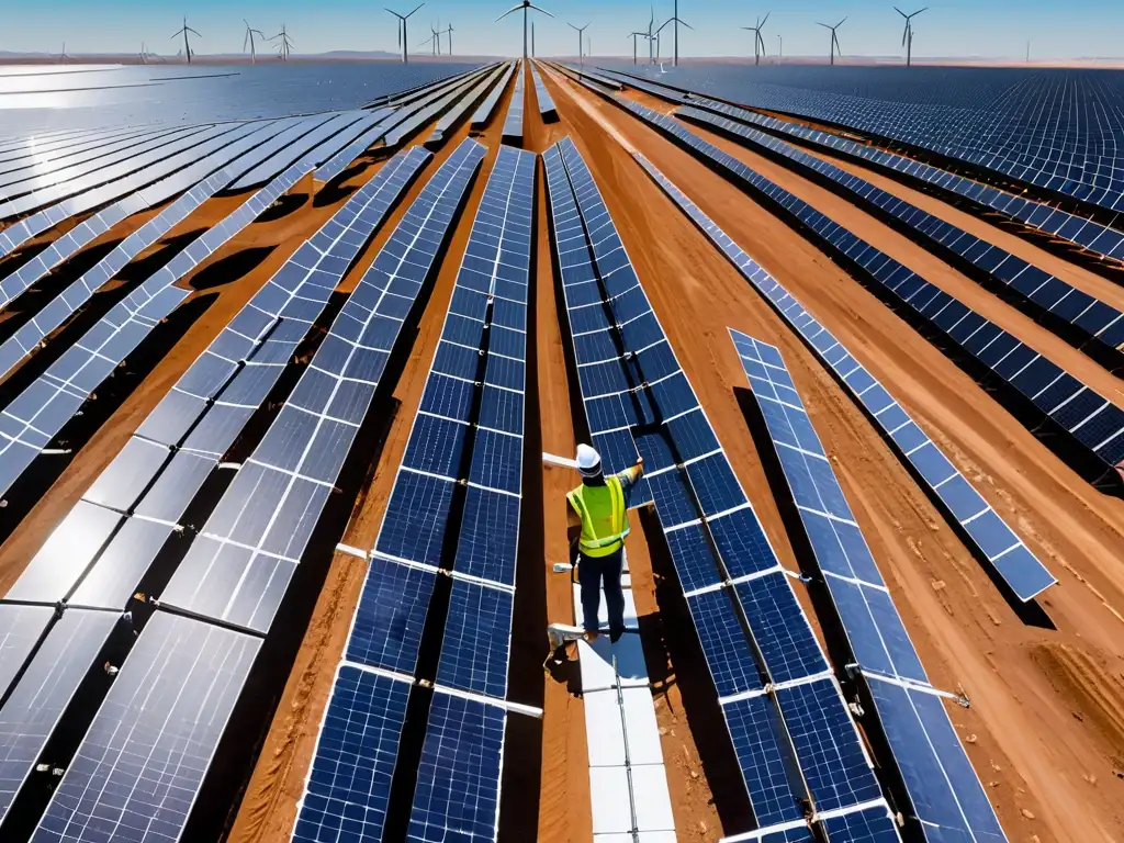 Un técnico verifica la alineación de paneles solares en un vasto desierto, con un molino de viento girando al fondo