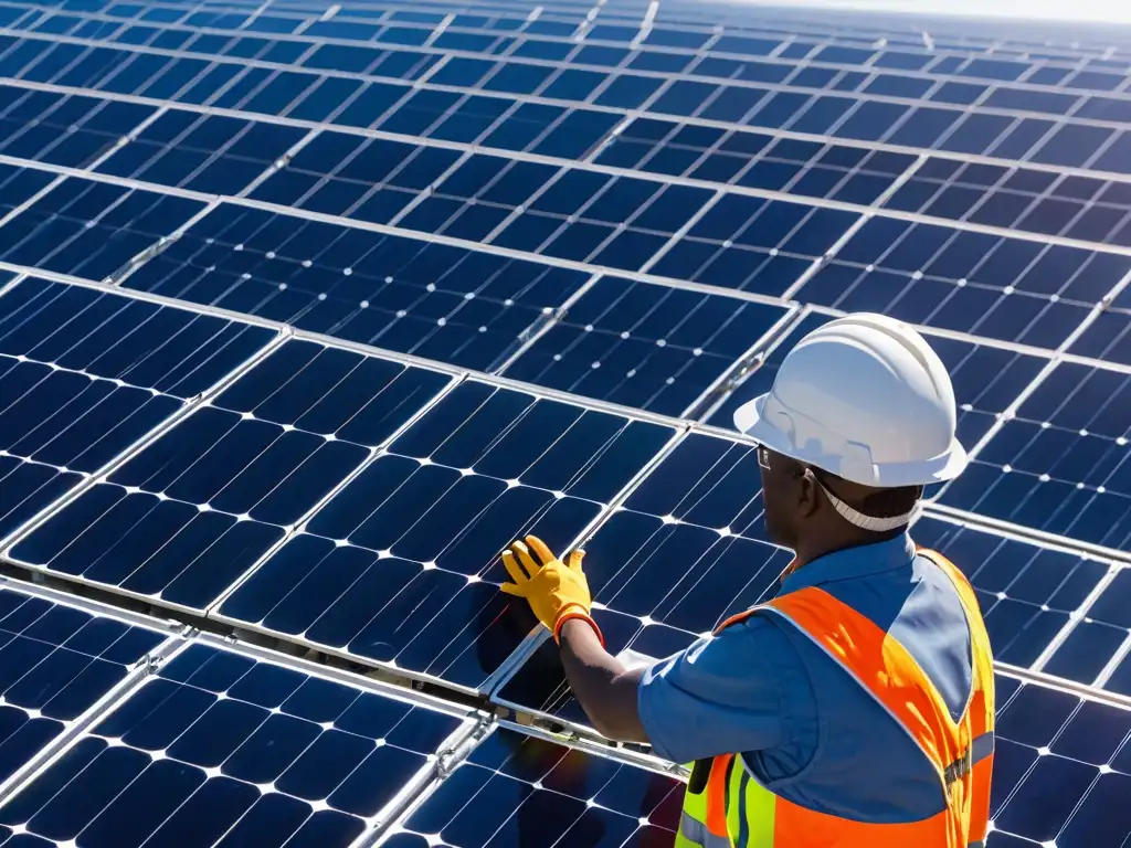 Un técnico inspecciona un campo de paneles solares, resaltando el rol de certificados verdes en energías renovables