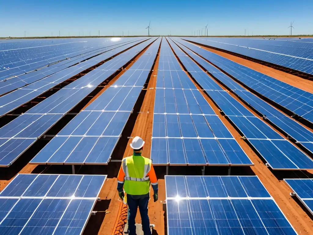 Un técnico examina un campo de paneles solares, reflejando la luz del sol