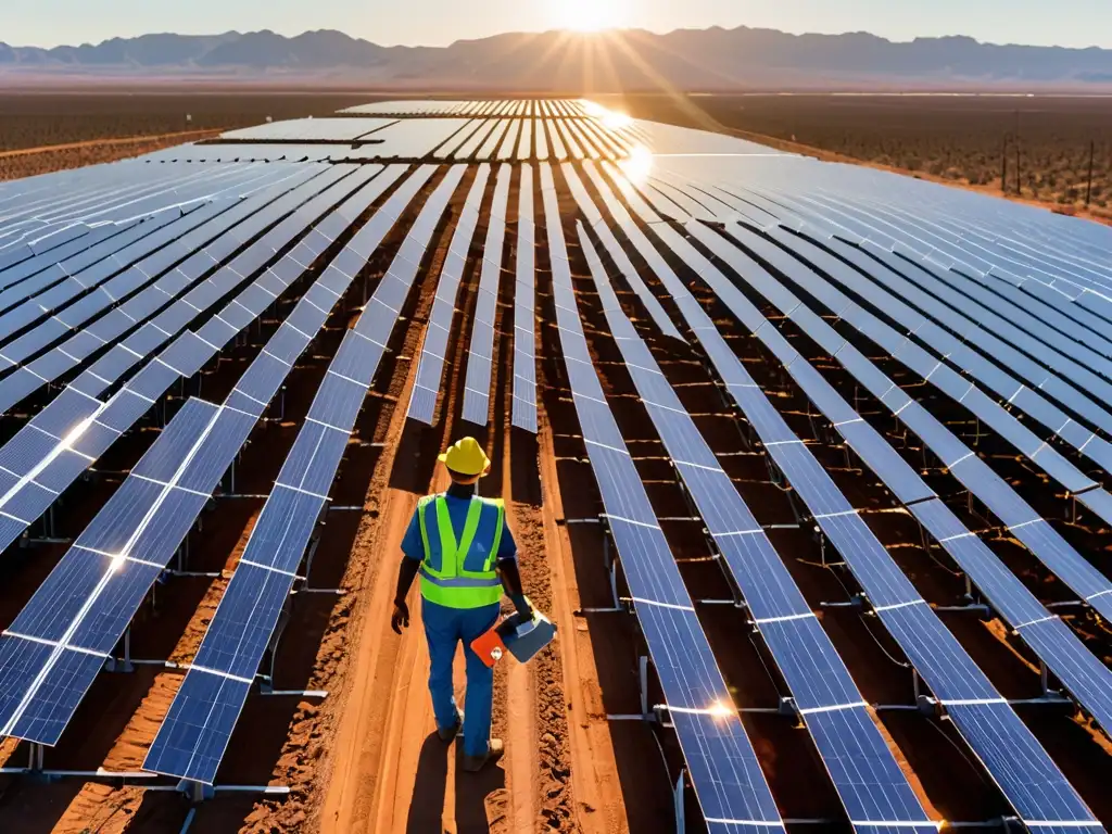 Un técnico inspecciona un campo solar al amanecer, resaltando el impacto global de las leyes de energías renovables