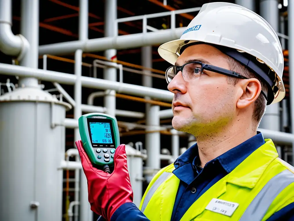 Un técnico con casco inspecciona una planta energética, demostrando rigurosidad en el cumplimiento ambiental del sector energético