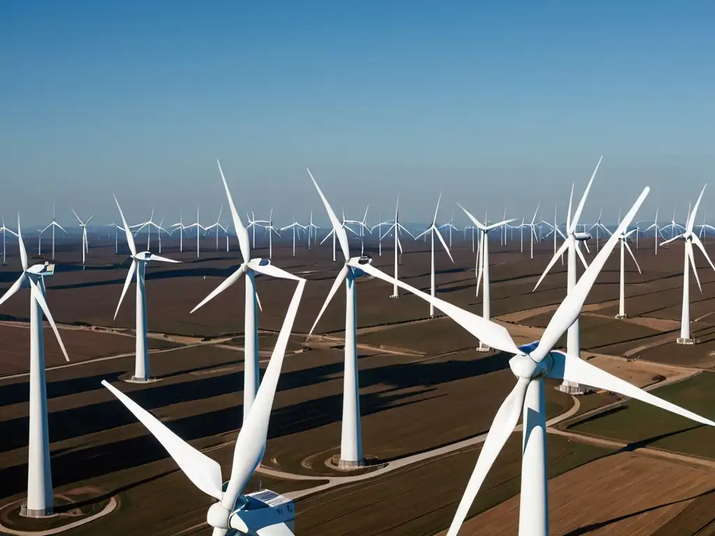 Un técnico inspecciona minuciosamente una granja eólica, destacando la tecnología y el impacto ambiental de la energía eólica