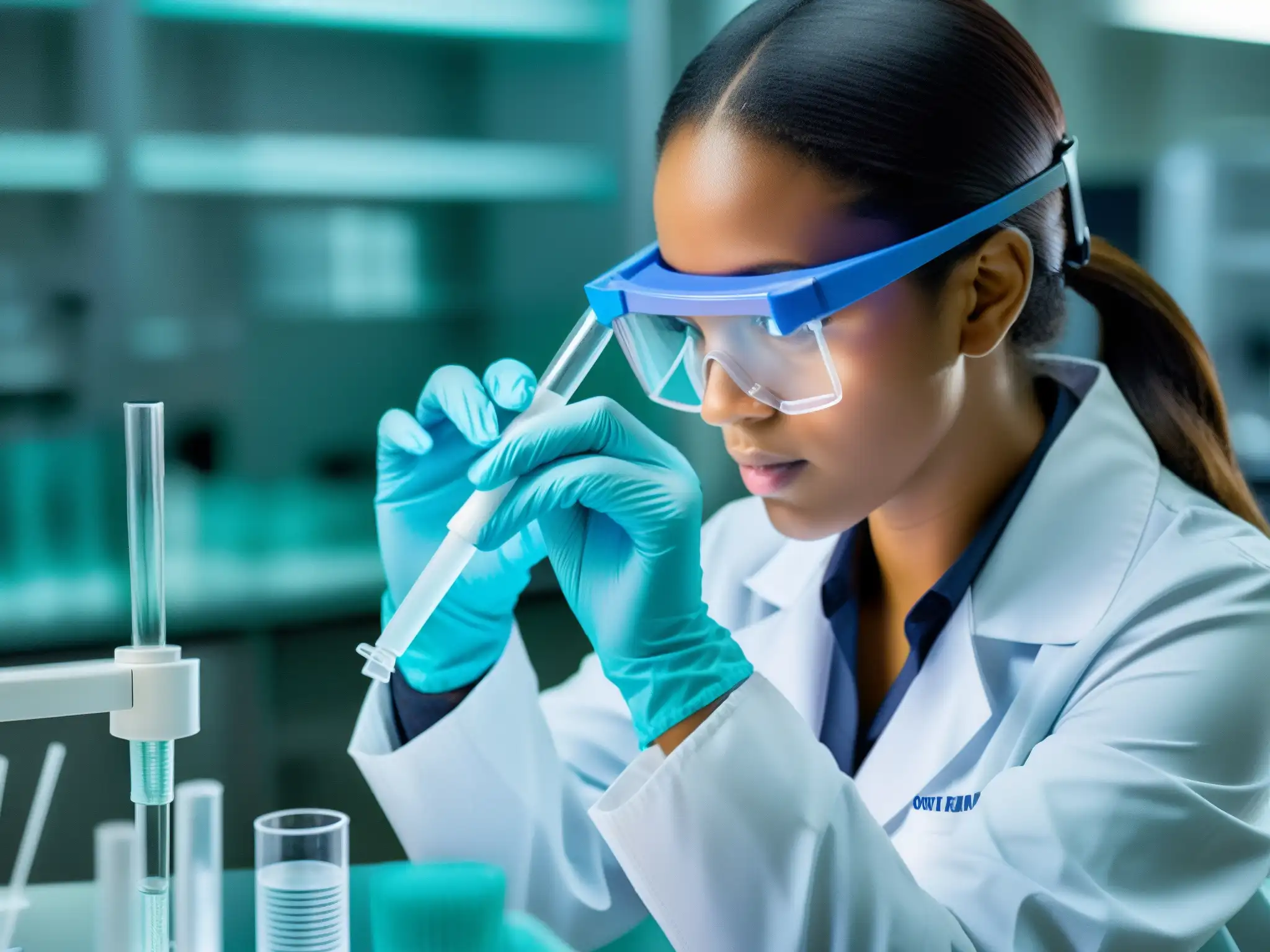 Un técnico de laboratorio, con bata blanca y gafas protectoras, pipetea líquido en un tubo de ensayo en un laboratorio estéril y brillantemente iluminado