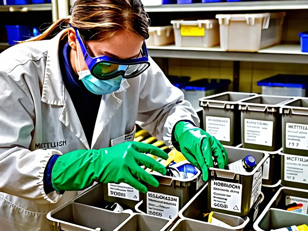 Un técnico de laboratorio clasifica con precisión residuos peligrosos según normativas en un ambiente estéril y bien iluminado