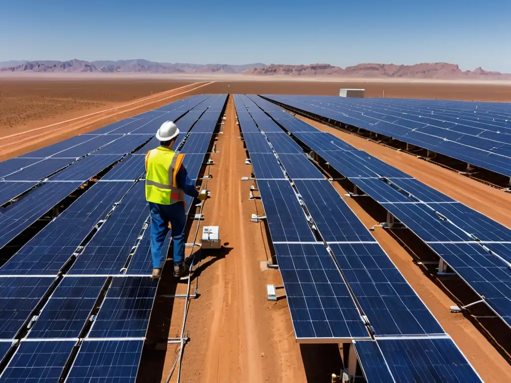 Un técnico realiza mantenimiento en una granja solar, resaltando la importancia de los subsidios en la energía limpia