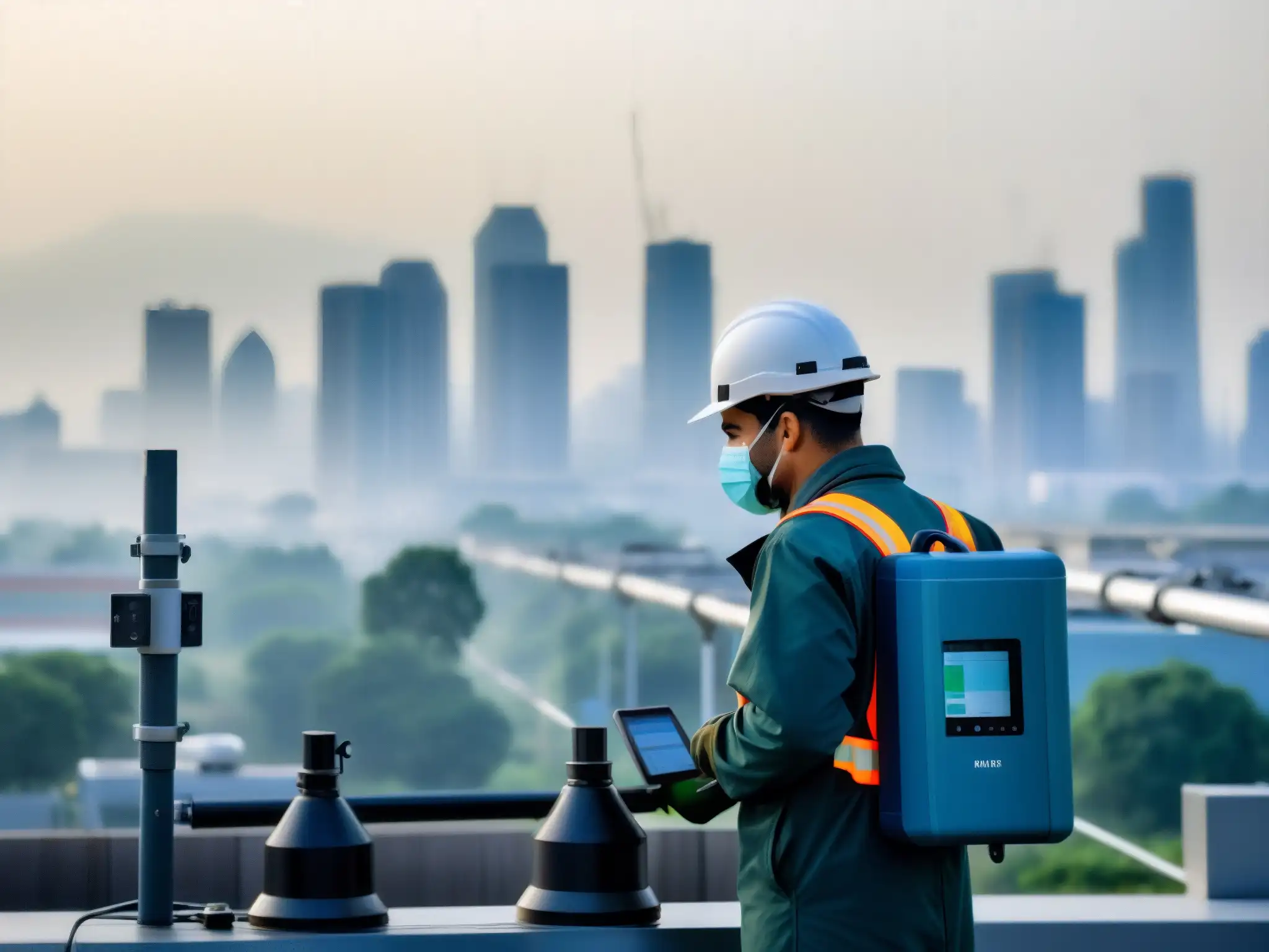 Un técnico calibra estación de monitoreo de calidad del aire en una zona urbana, mostrando la importancia de la regulación calidad del aire vigilancia