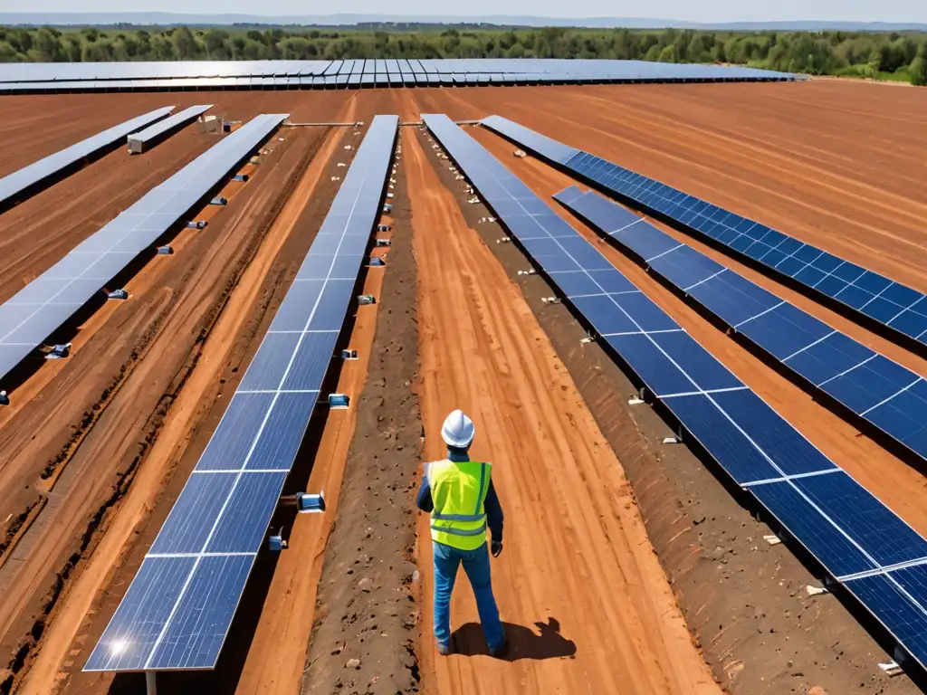 Un técnico inspecciona un panel solar en una granja solar, rodeado de ingenieros y tecnología, evocando progreso e innovación en energía renovable