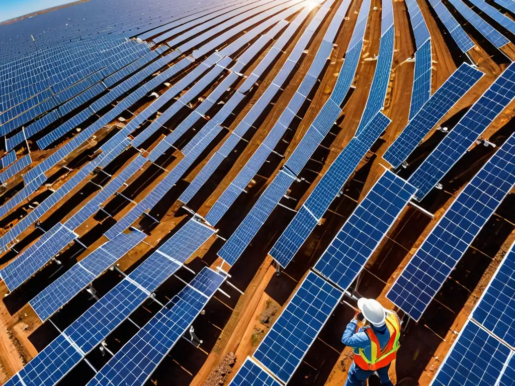 Un técnico inspecciona paneles solares en un campo extenso bajo un cielo azul claro, destacando la legislación en tecnología de energía renovable