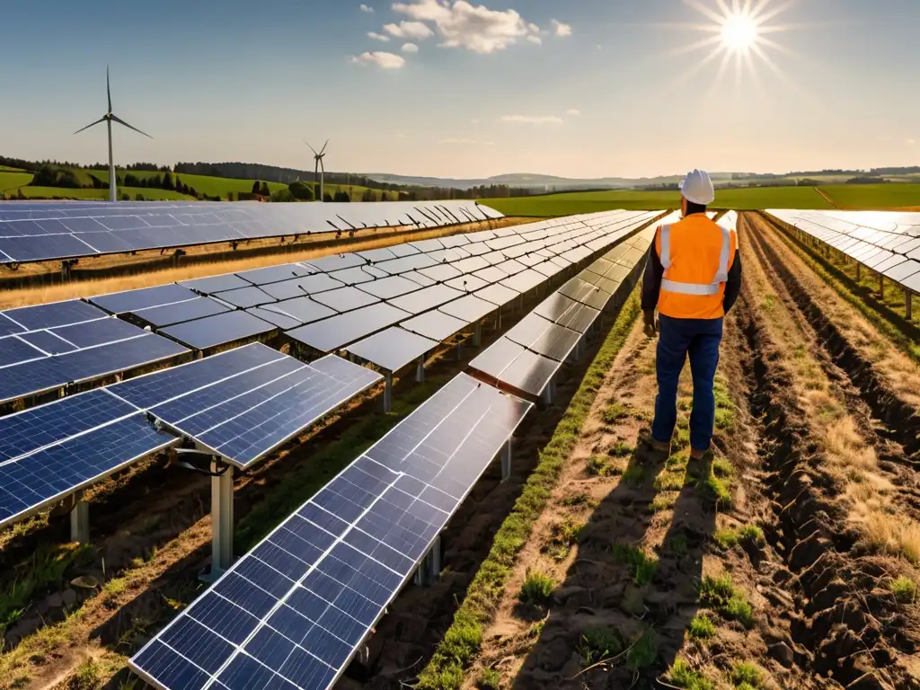 Técnico inspeccionando paneles solares en campo europeo, reflejando regulación energía renovable marco legal