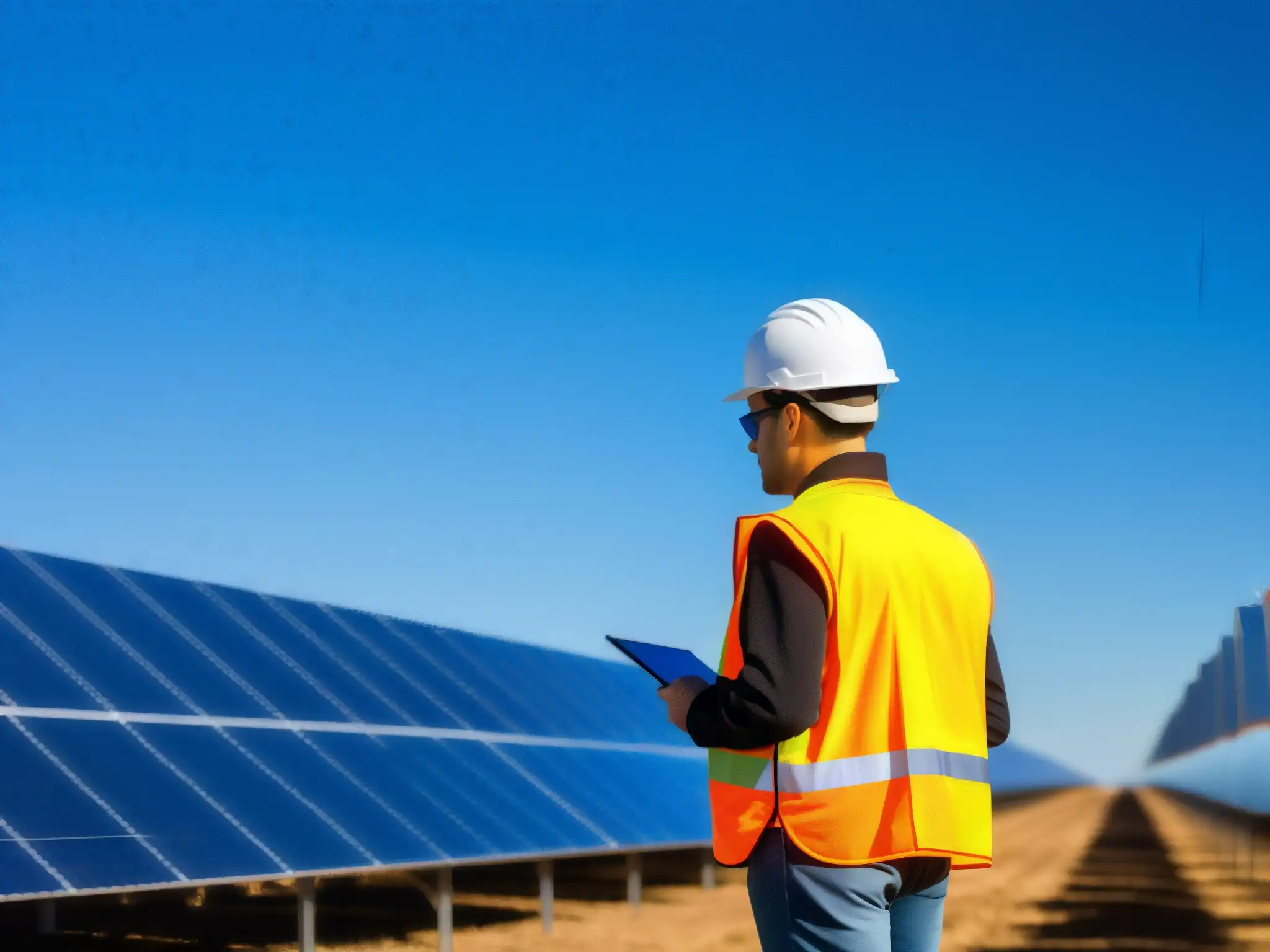 Un técnico inspecciona paneles solares en un campo extenso bajo el cielo azul