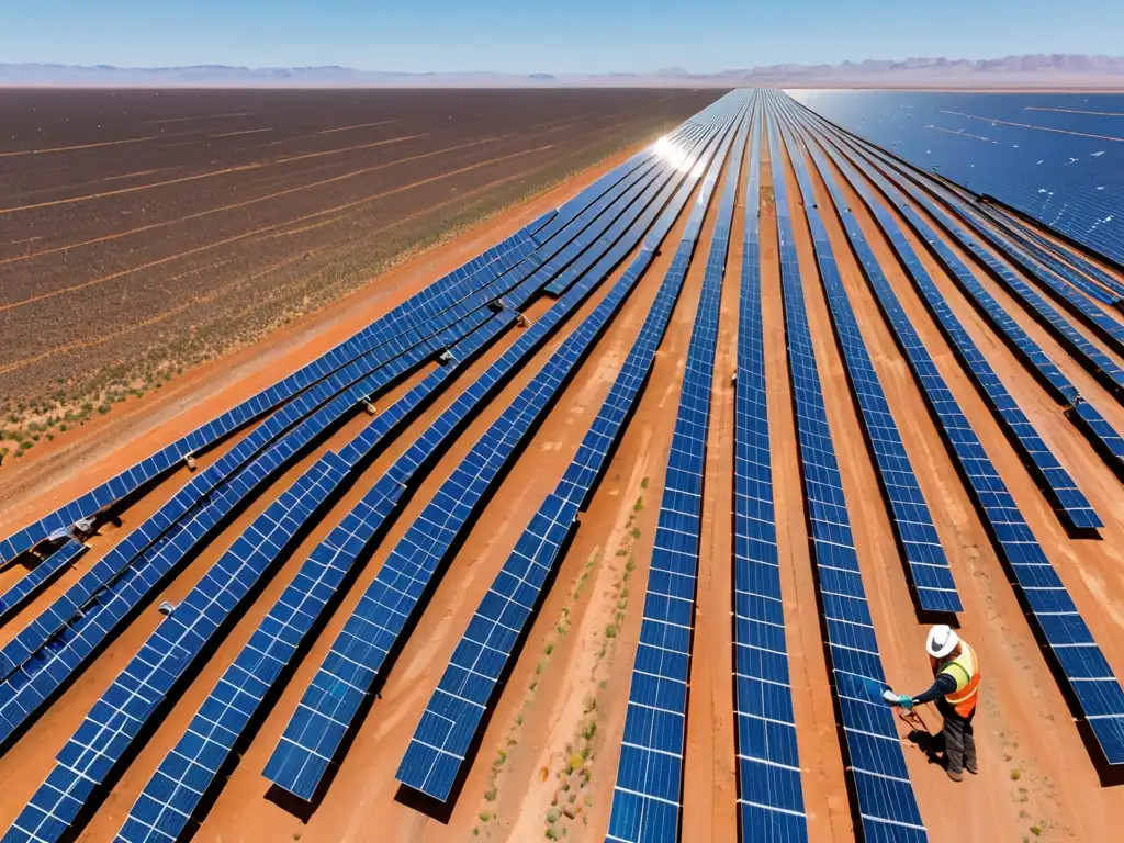 Un técnico inspecciona paneles solares en un desierto, destacando los avances tecnológicos en legislación ambiental