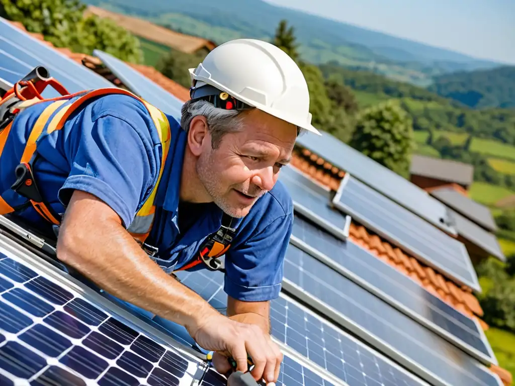 Un técnico instala paneles solares en un edificio rural, destacando la regulación de micro redes energéticas en zonas campestres