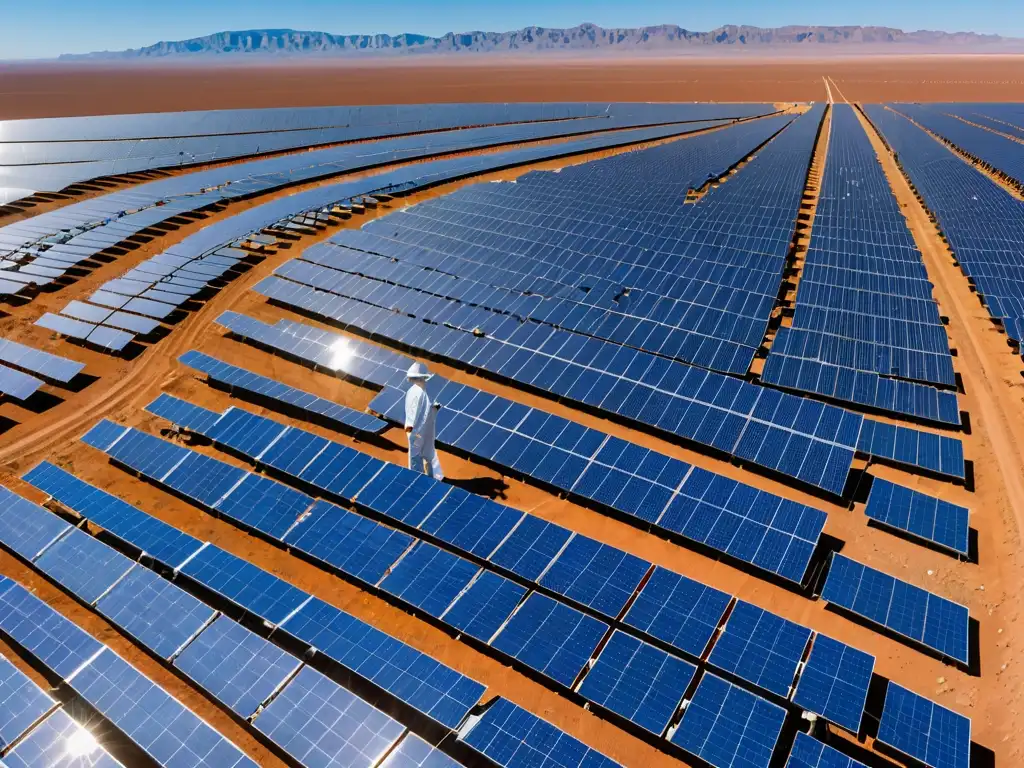 Un técnico inspecciona paneles solares en un extenso campo, destacando la importancia de los subsidios en la promoción de la energía limpia