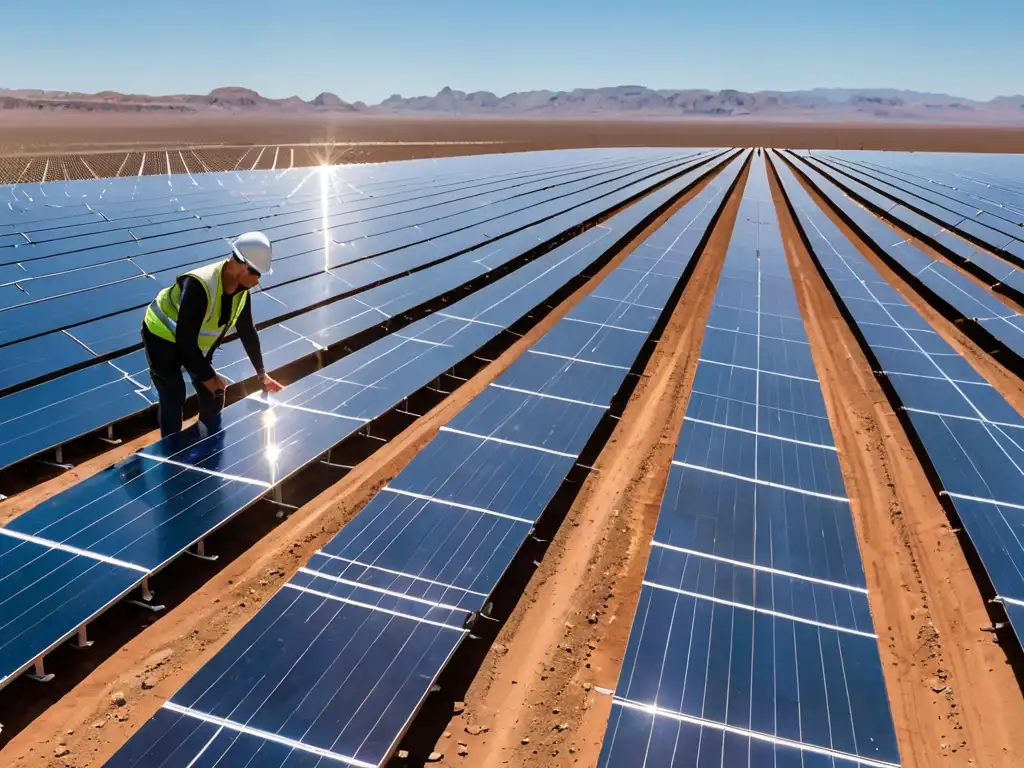 Un técnico inspecciona paneles solares en un gran campo solar en el desierto, destacando las políticas de energía renovable ODS