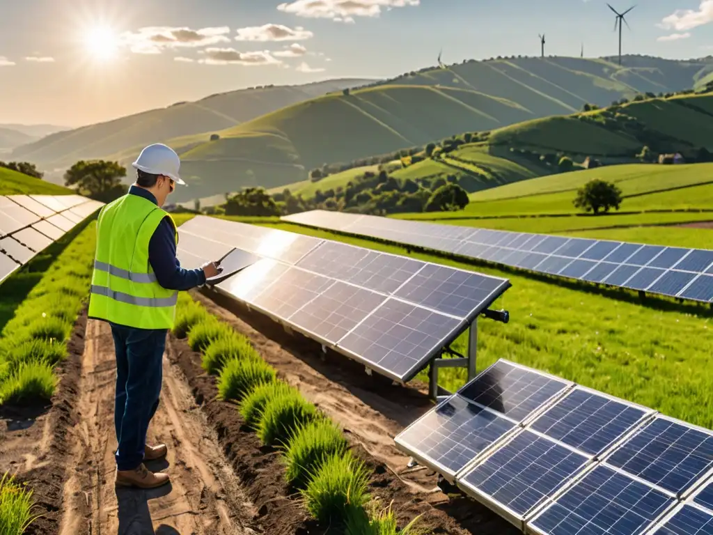 Un técnico inspecciona paneles solares en una granja, con colinas verdes de fondo