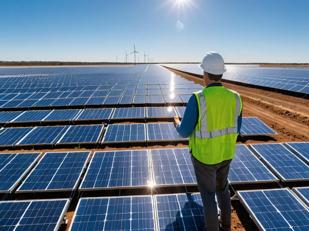 Un técnico inspecciona paneles solares en una granja solar, destacando la cooperación internacional en energía renovable