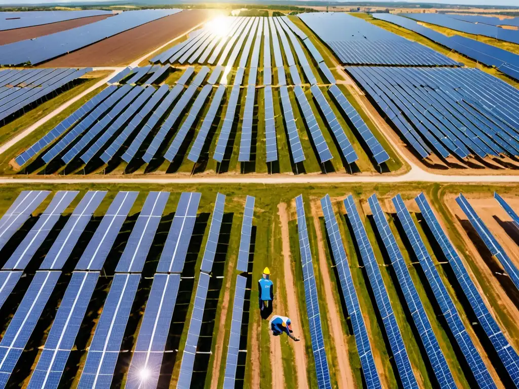 Un técnico inspecciona paneles solares en una granja de energía solar, con turbinas eólicas al fondo