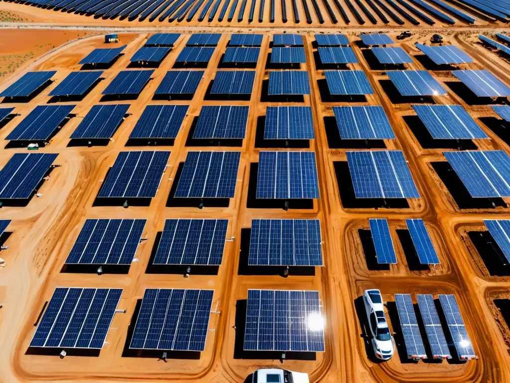 Un técnico inspecciona paneles solares en una granja solar, con vehículos eléctricos en el fondo