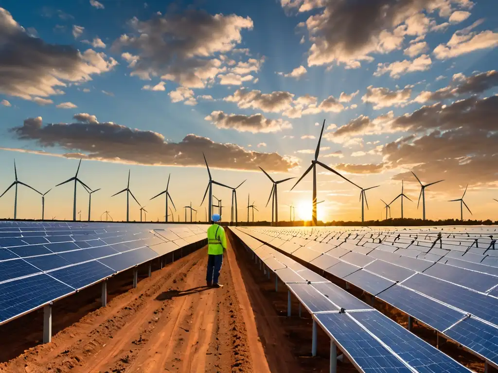 Un técnico inspecciona paneles solares en una granja solar al atardecer, con molinos de viento girando en el horizonte