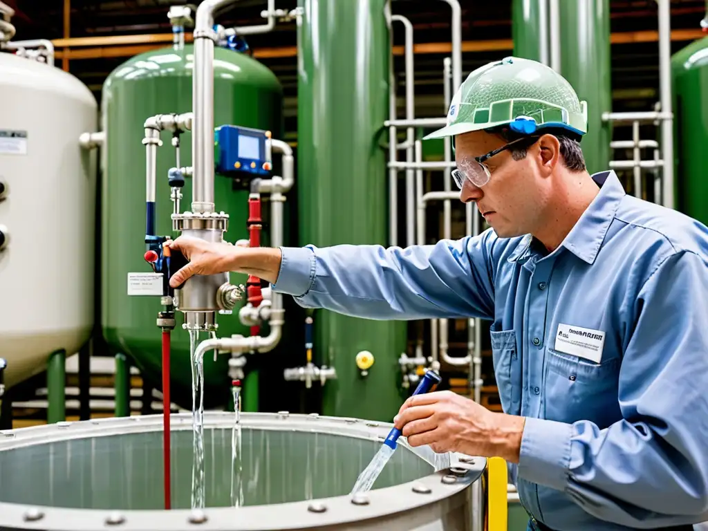 Un técnico de planta de tratamiento de agua ajusta con precisión los niveles de fluoruro y cloro en un sistema industrial