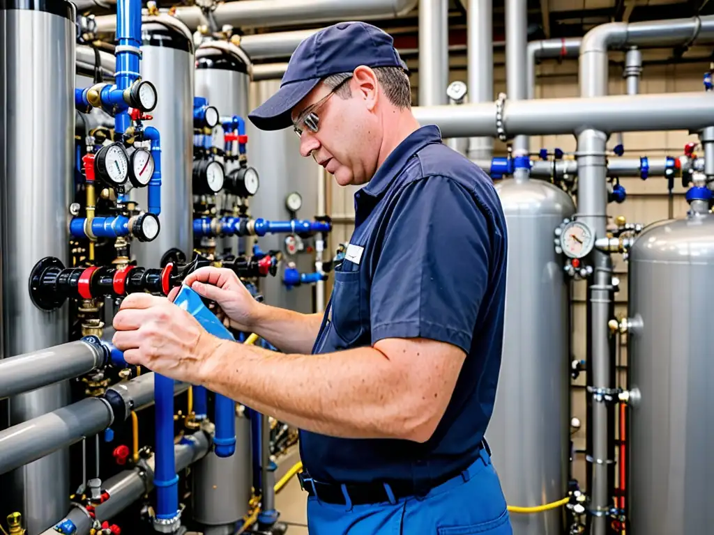 Un técnico de planta de tratamiento de agua ajusta con cuidado las válvulas y medidores de un sistema de filtración industrial, destacando su profesionalismo y expertise