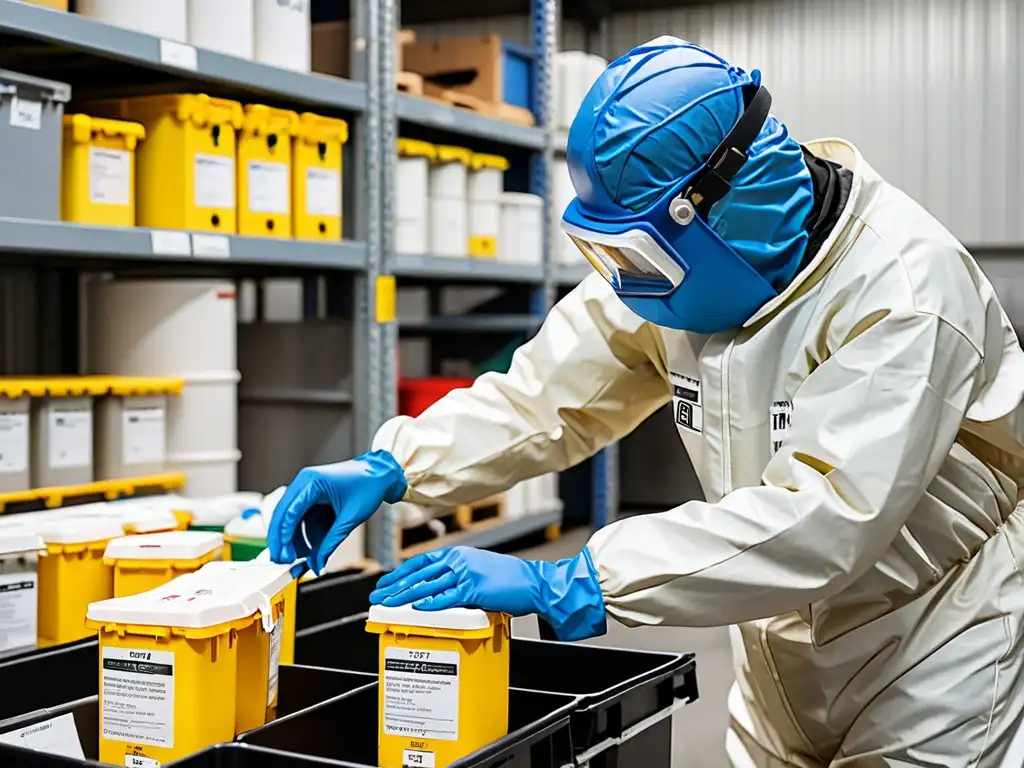 Un técnico en traje de protección inspecciona minuciosamente residuos peligrosos en instalación industrial