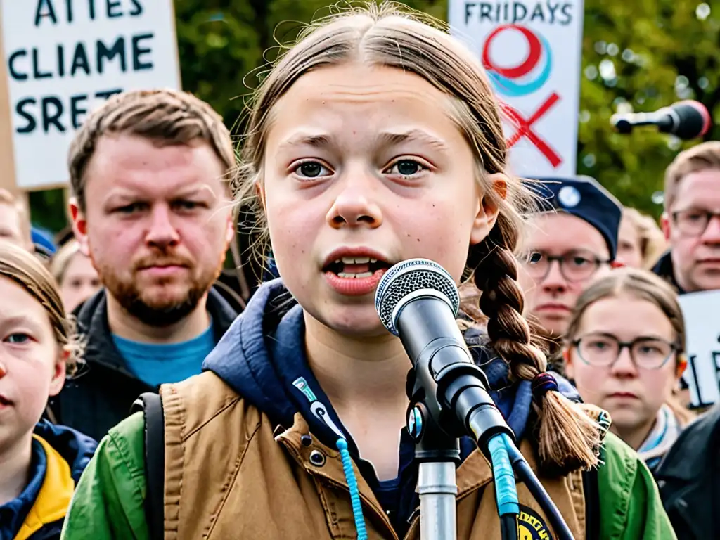 Greta Thunberg liderando un viernes por el futuro, con casos emblemáticos niños defensores ambiental, expresando un mensaje poderoso ante una multitud comprometida