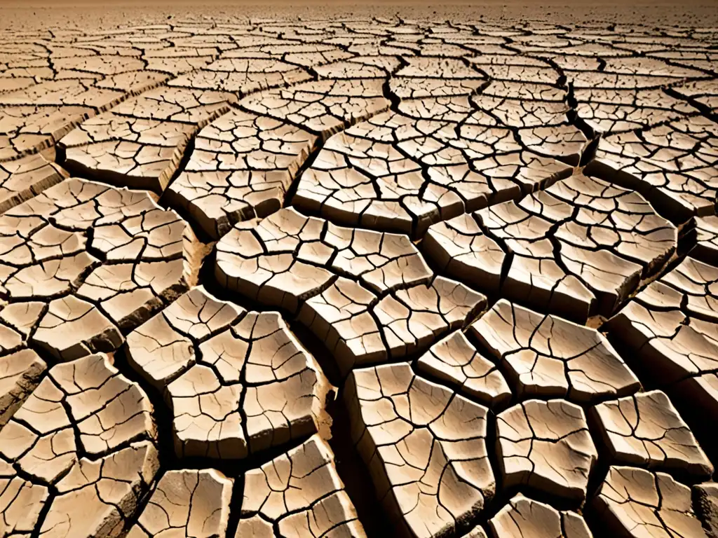 Tierra agrietada y árida bajo el sol intenso, reflejando la urgencia de la gestión hídrica en tiempos de sequía