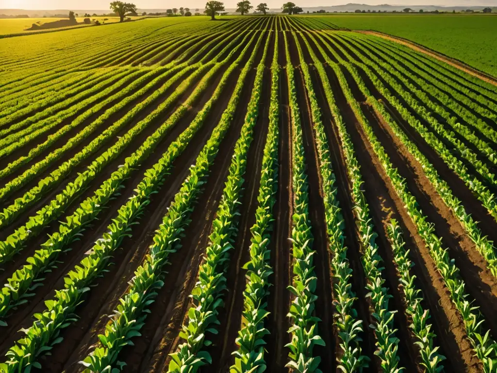 Una tierra fértil con cultivos verdes se extiende hacia el horizonte