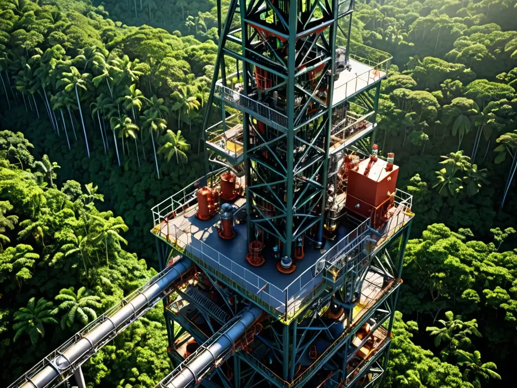 Una torre de extracción de petróleo se alza sobre la exuberante selva, capturando el contraste entre la maquinaria industrial y la belleza natural