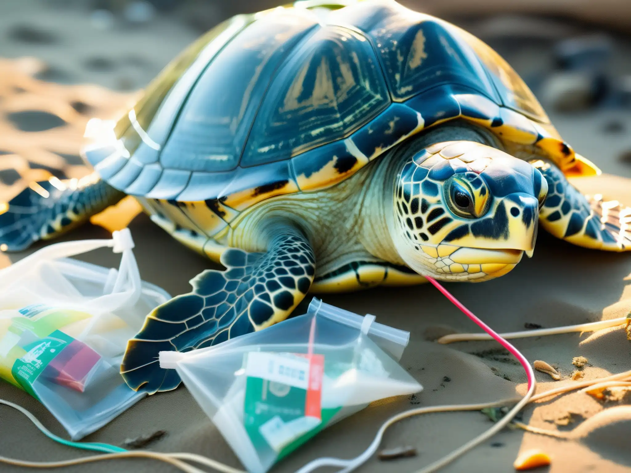 Una tortuga marina atrapada en residuos plásticos, expresión angustiada