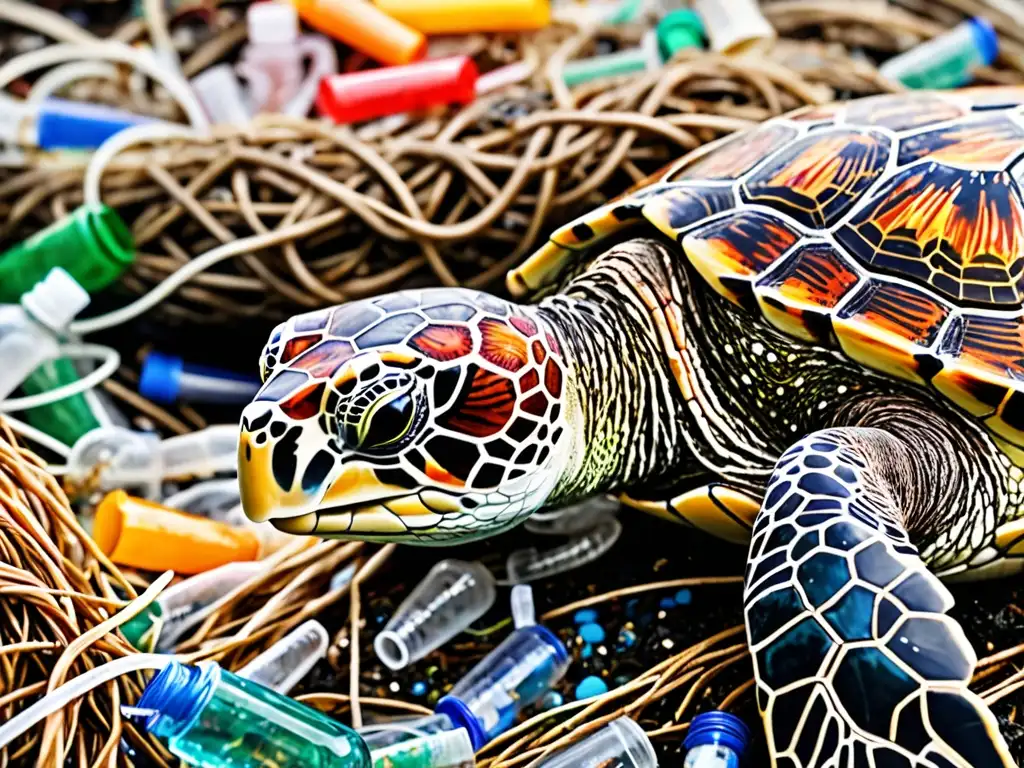 Una tortuga marina lucha entre desechos plásticos en un océano contaminado, destacando la urgencia de reducción residuos plásticos ley