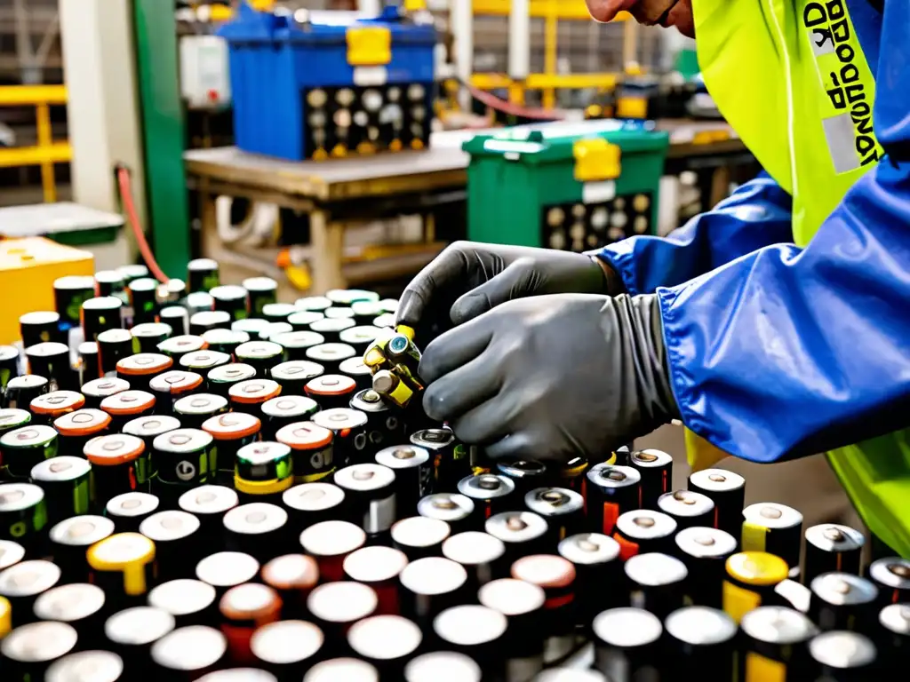 Trabajador desmontando una batería usada en planta de reciclaje, destacando la importancia de la legislación reciclaje baterías energía renovable