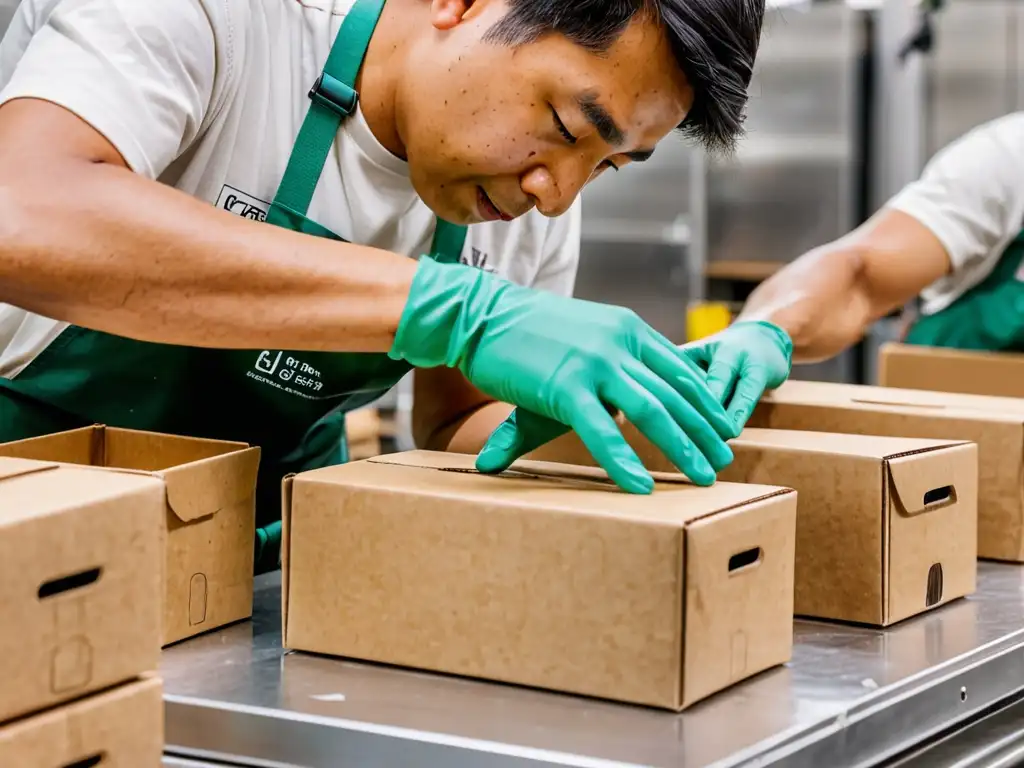 Un trabajador ensambla cajas compostables en una fábrica de embalaje sostenible, destacando la unión de tecnología y sostenibilidad en la industria del embalaje