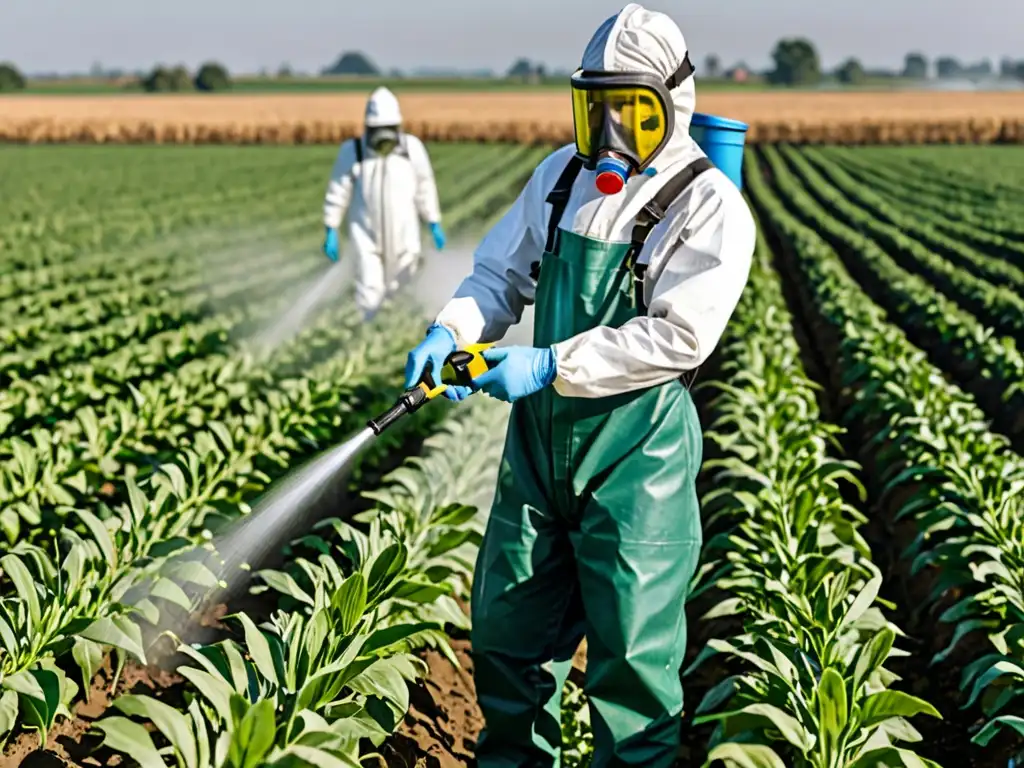 Trabajador agrícola aplicando pesticidas en un campo Un trabajador agrícola rocía pesticidas en un campo