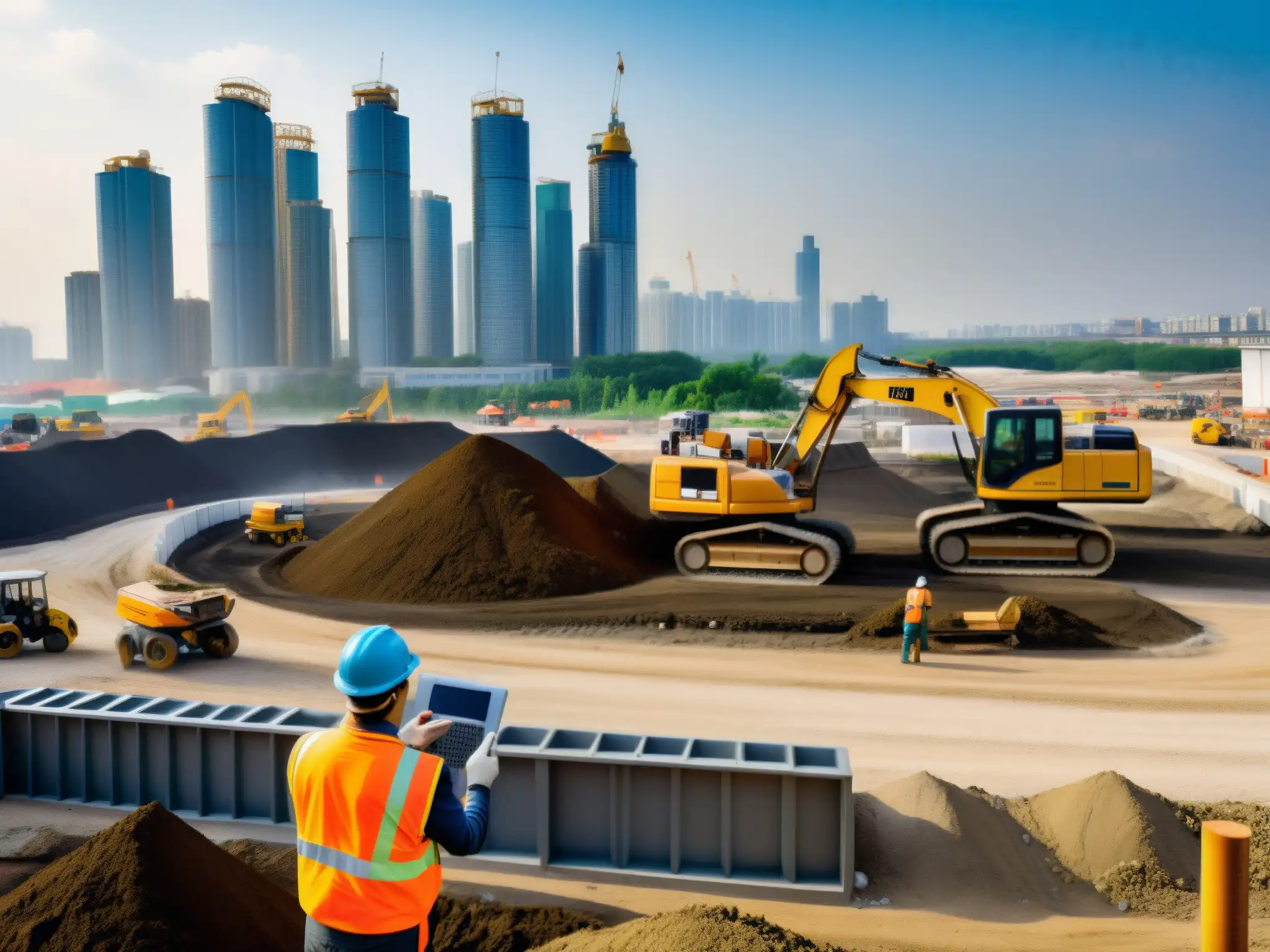 Trabajador de la construcción verifica cumplimiento ambiental en obra