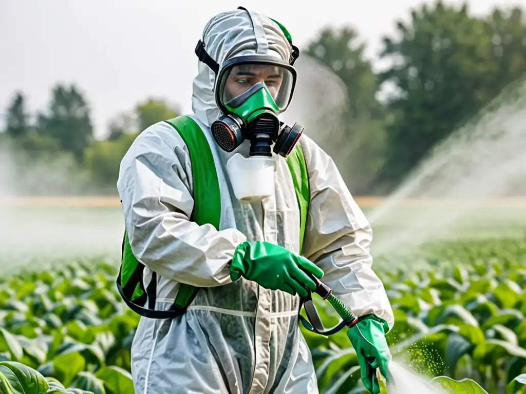 Un trabajador con equipo de protección rocía pesticidas en un campo, con la neblina química en el aire