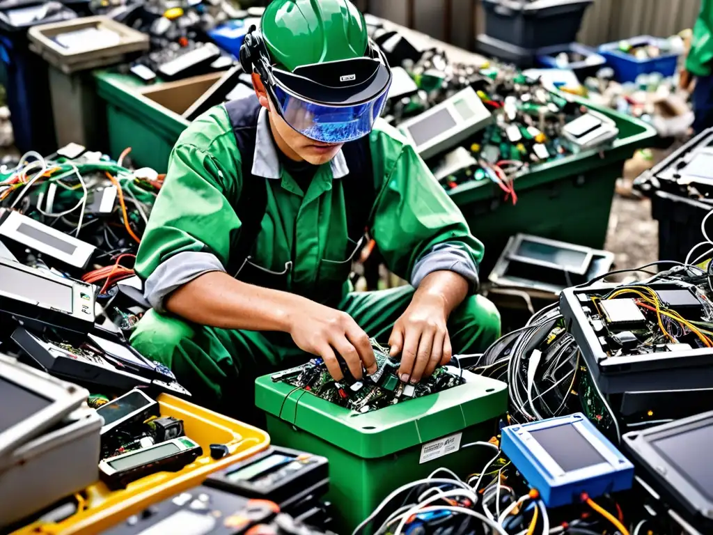 Trabajador con equipo protector clasificando residuos electrónicos en planta de reciclaje