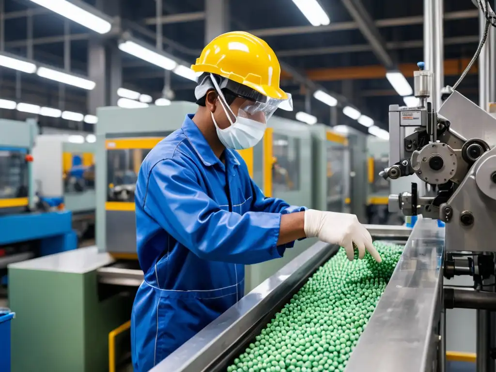 Un trabajador de fábrica, con casco y equipo de protección, opera una máquina industrial para producir artículos de plástico de un solo uso