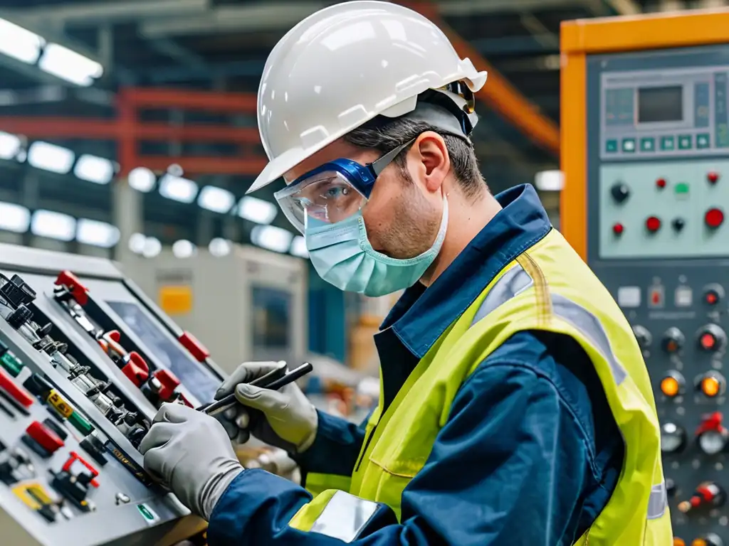 Un trabajador de fábrica inspecciona equipo industrial con seriedad, rodeado de herramientas y dispositivos de monitoreo