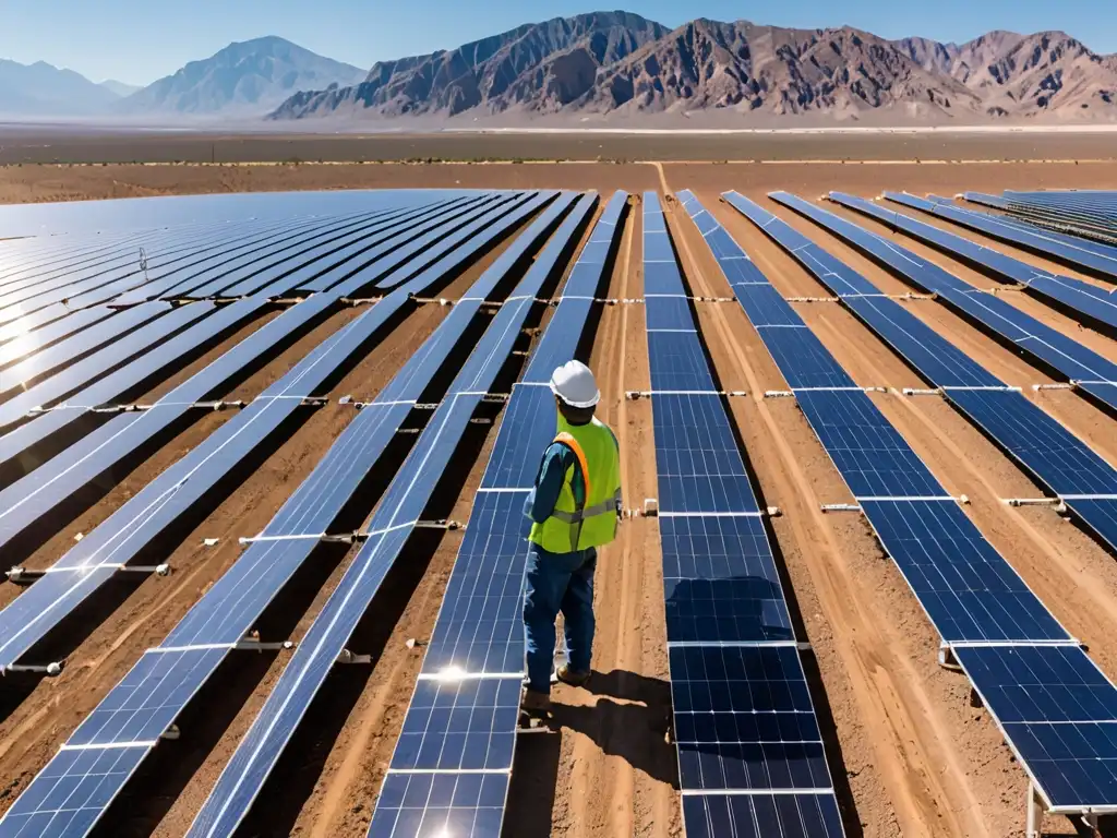 Un trabajador inspecciona paneles solares en un vasto campo de energía solar en el desierto