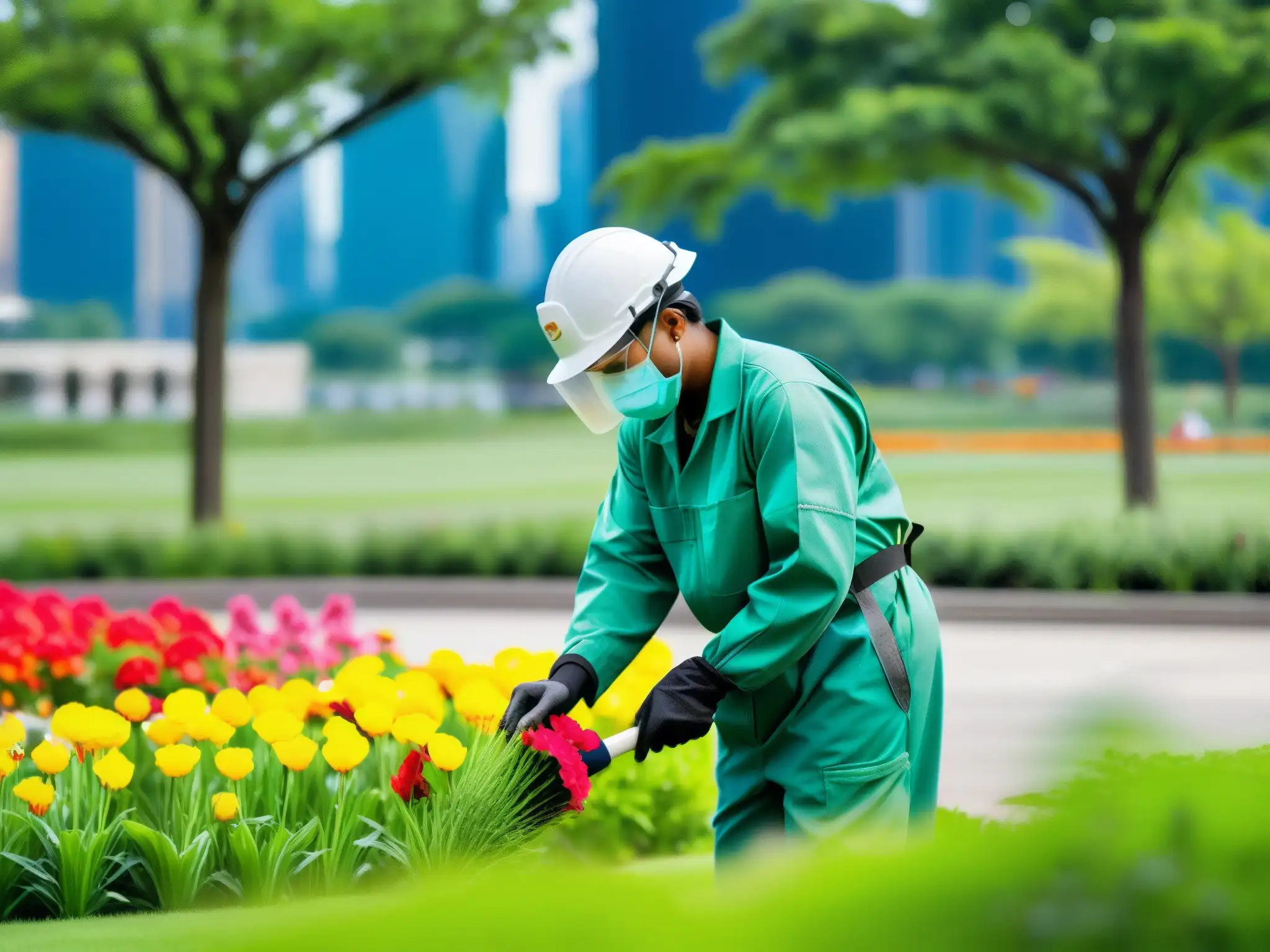 Un trabajador aplica pesticida en un parque urbano, destacando la regulación de pesticidas en áreas verdes urbanas